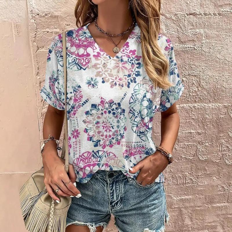 Женская футболка Boho Harajuku с графическим принтом, летние повседневные топы с коротким рукавом, уличная мода, футболка с V-образным вырезом, женская одежда, футболки женские