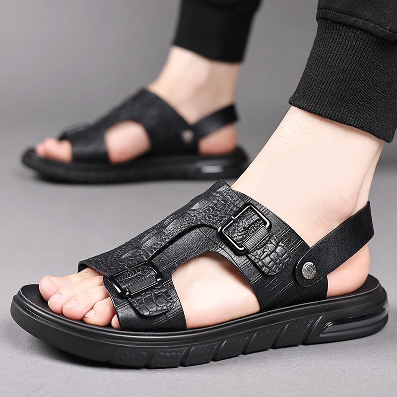 Classic Summer Men's Cowhide Business Casual Beach Shoes 2024 Fashionable Men's Simple and Comfortable Soft Soled Two On Sandals