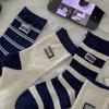 Серия Темно-синий ~ Носки с буквенными этикетками из ткани, Женские носки из чистого хлопка с махрой, в полоску, контрастного цвета, из точечной пряжи, носки до середины икры