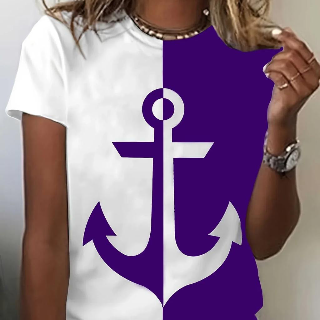 2024 новая стильная футболка для женщин, топ с принтом якоря, летние футболки большого размера для женской одежды, женская мода с круглым вырезом, большие размеры