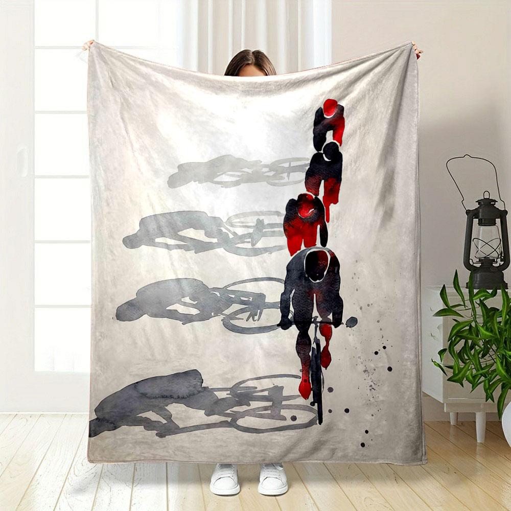 Retro Watercolor Cyclists Silhouette Multicolor Plush Blanket, Cuddly Soft Blanket for Night and Day, Warm Plush Blanket for Home Comfort