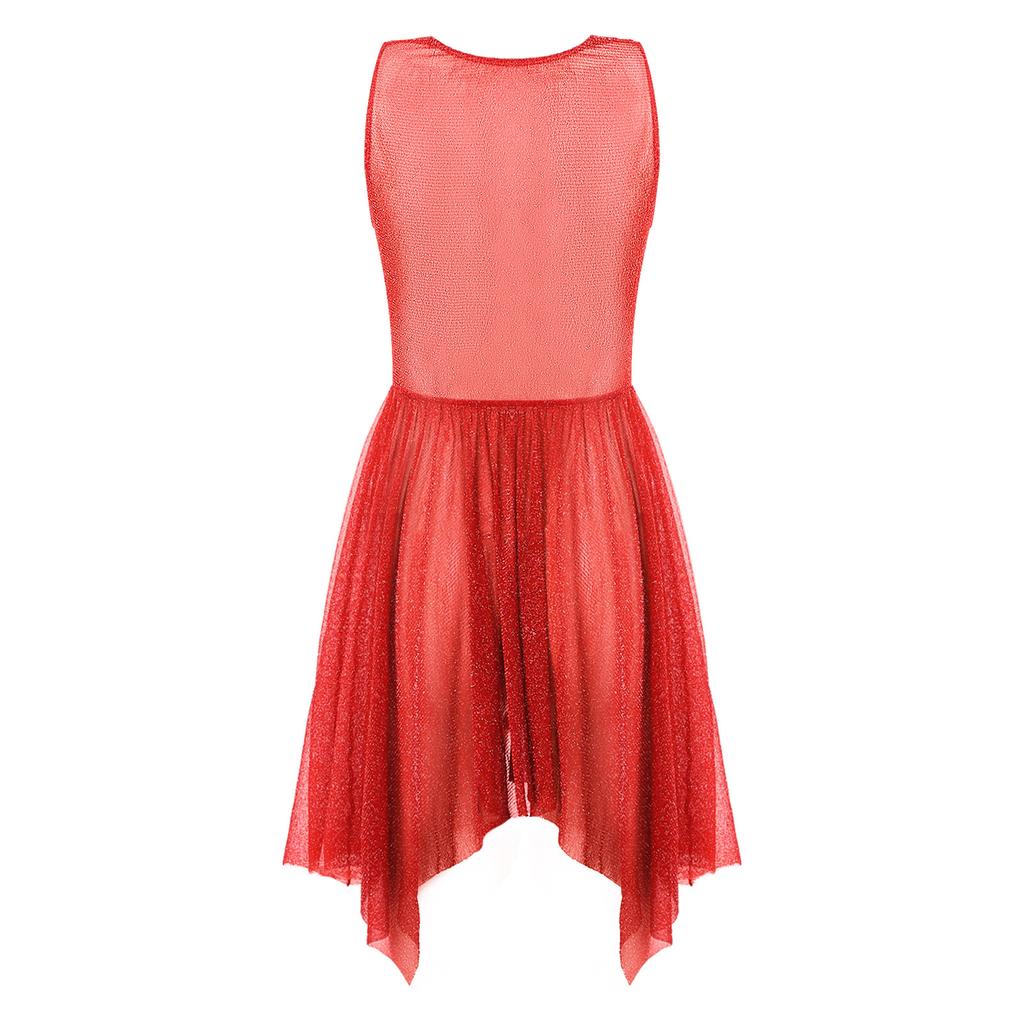 Женское блестящее танцевальное платье без рукавов, прозрачное асимметричное подол, лирические платья, танцевальная одежда