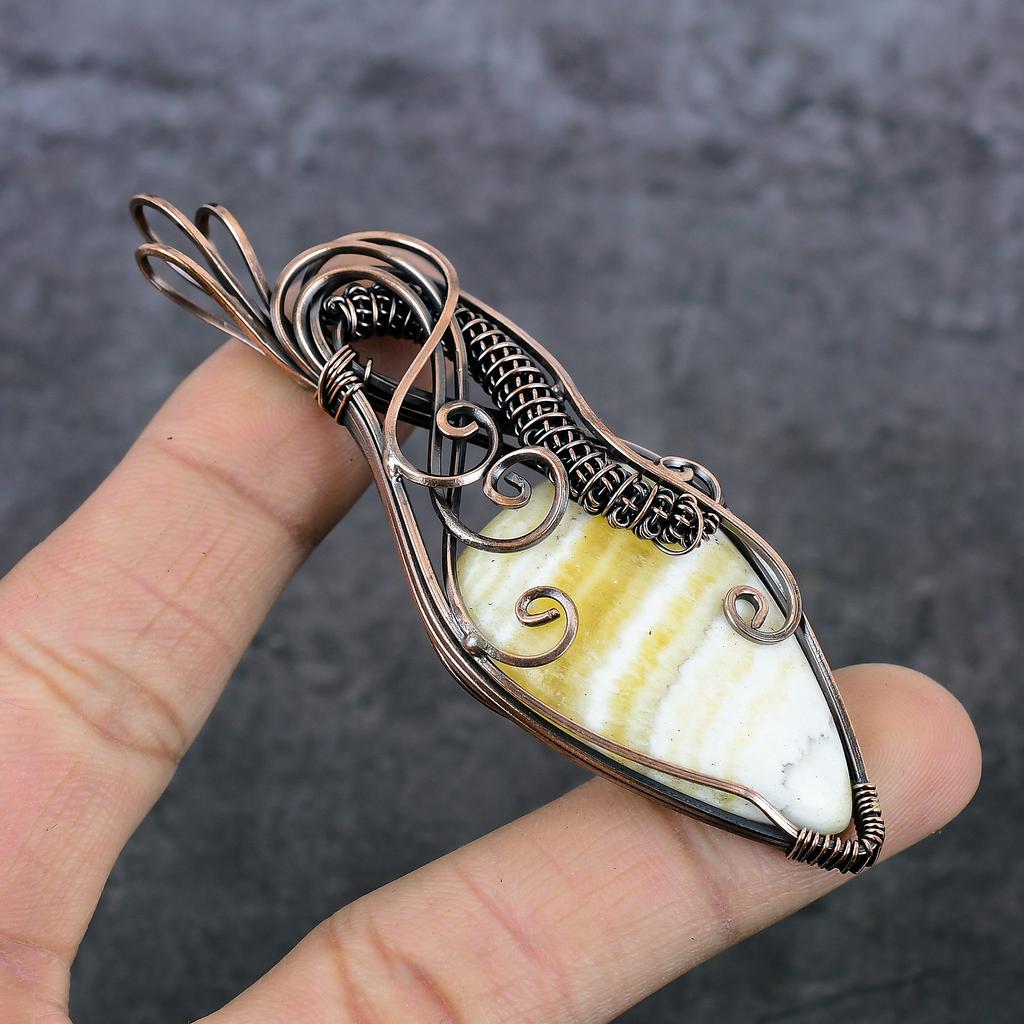 Natural Yellow Septarian Copper Wire Wrap Gift Jewelry Pendant 3.55" H1l40