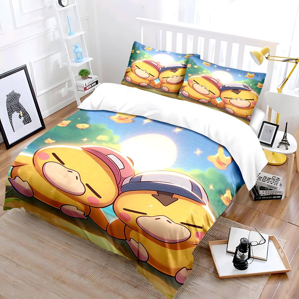 3D P0kem0n P-Psyduck Printed Bedding Set 3 Pieces Quilt Cover Pillowcase US Twin Adult Bed Cover Bedroom Bed Set Wonderful Gift