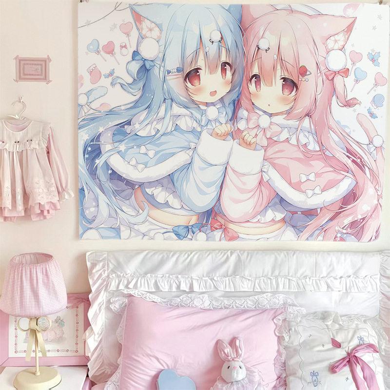 Pink Kawaii Anime Girl Tapestry Sweet Pastel Aesthetic Wall Hanging Cute Heart Bow Pattern Wall Tapestry for Bedroom Dorm Room