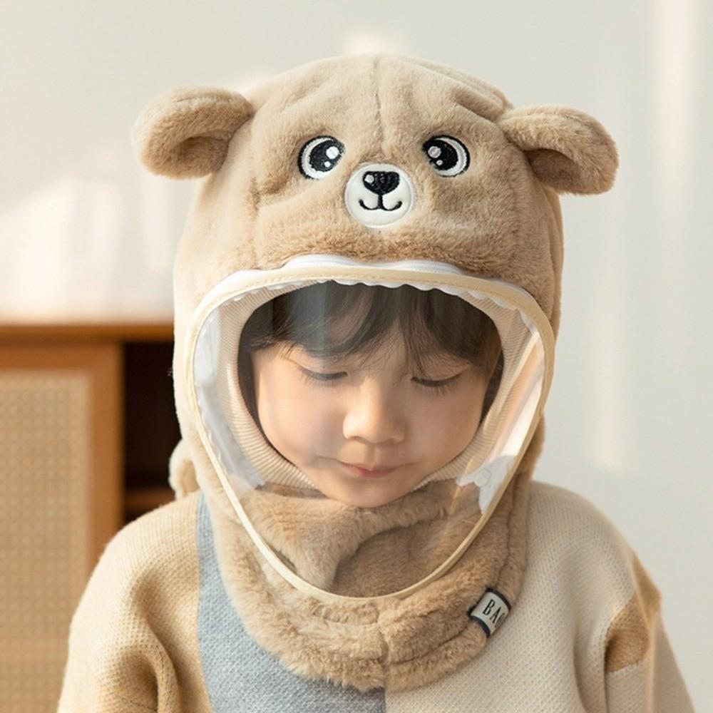 Cartoon Kids Mask Integrated Hat Plush Fleece Hooded Hat Winter Warm Windproof Head Caps