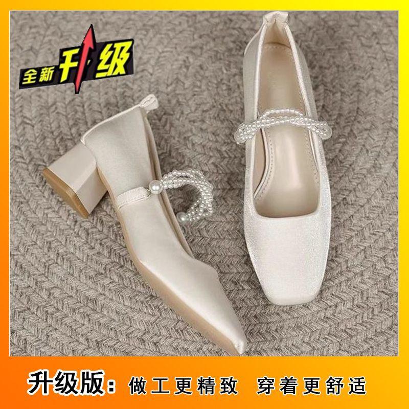 Свадебная обувь Обувь для подружек невесты Банкетная обувь Французские одинарные туфли Темперамент феи Повседневная носка Квадратный носок Мэри Джейн на высоком каблуке