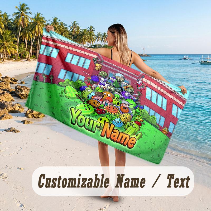 Personalized Beach Towel,Plants vs. Zombie Custom Printed Name Text, Super Absorbent Towel For Beach Vacation