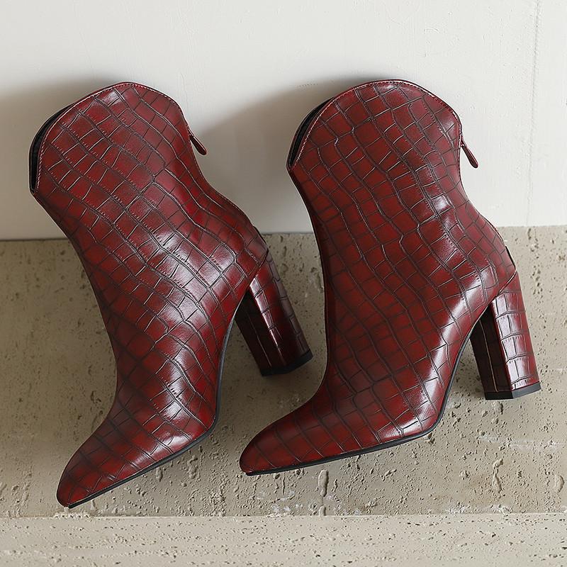 Women's High-heeled Short Boots Autumn and Winter New Solid Color Crocodile Pattern Thick Heel Large Size Pointed Short Boots