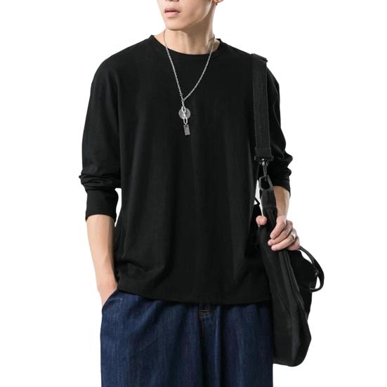 Мужская рубашка с круглым вырезом и длинным рукавом, мягкая дышащая футболка, однотонная, свободный крой, весна-лето, повседневные топы