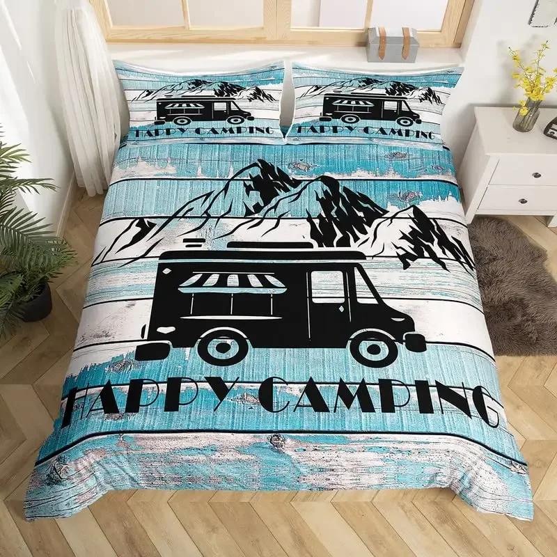 Camper Bedding Set Kids Happy Camping Duvet Cover Set Microfiber Rv Camping Quilt Cover Camper Accessories For Travel Trailers