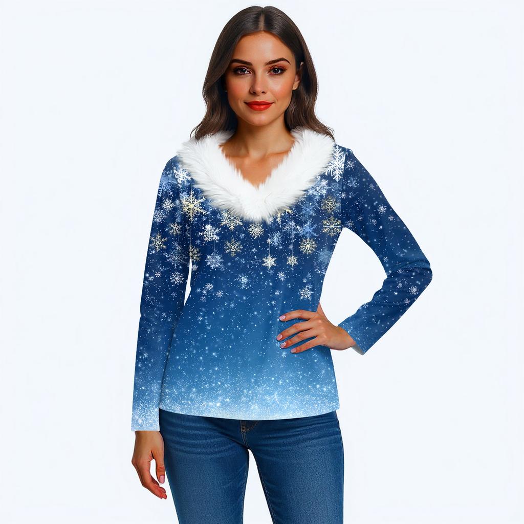 Женская футболка с рождественским принтом, вечерние рубашки с длинным рукавом, рождественский флисовый воротник, топ с v-образным вырезом