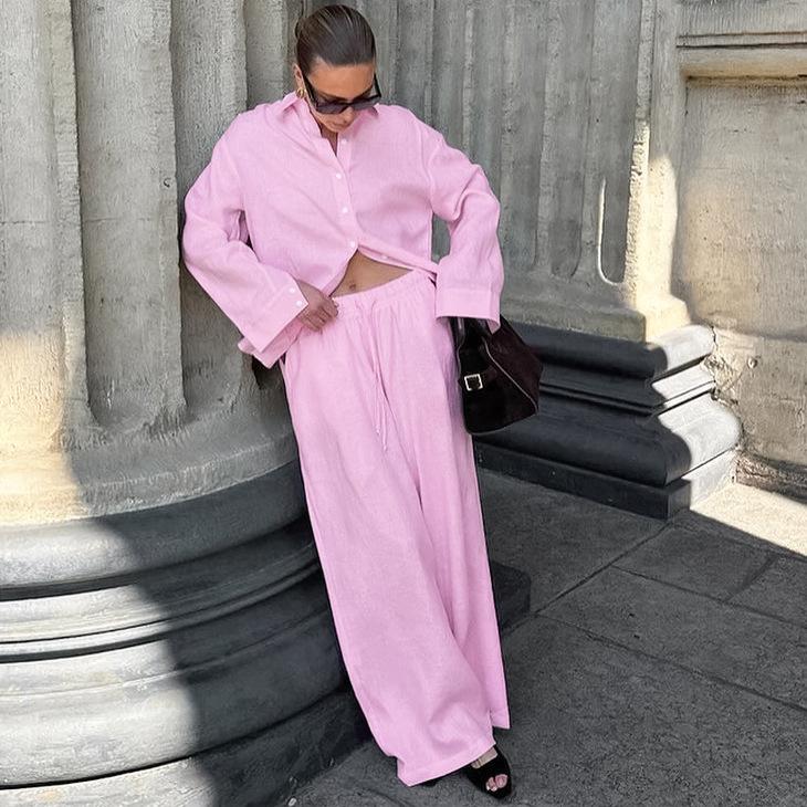 Autumn fashion cotton and linen new lapel loose long-sleeved trousers set 1116 European and American wholesale two-piece set women