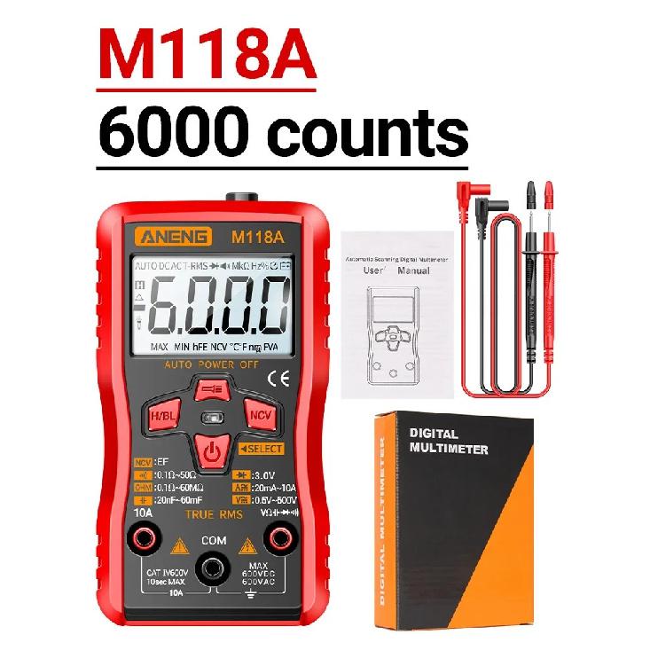 ANENG M118A Digital Mini Multimeter Tester 6000counts Auto Mmultimetro True Rms Tranistor Meter with NCV Data Hold Flashlight