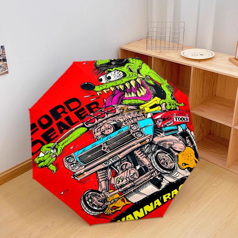 1 шт. Автоматический складной зонт - Рисунок Rat Fink, Портативный и складной дизайн с 8 спицами, Рождественские и новогодние подарки