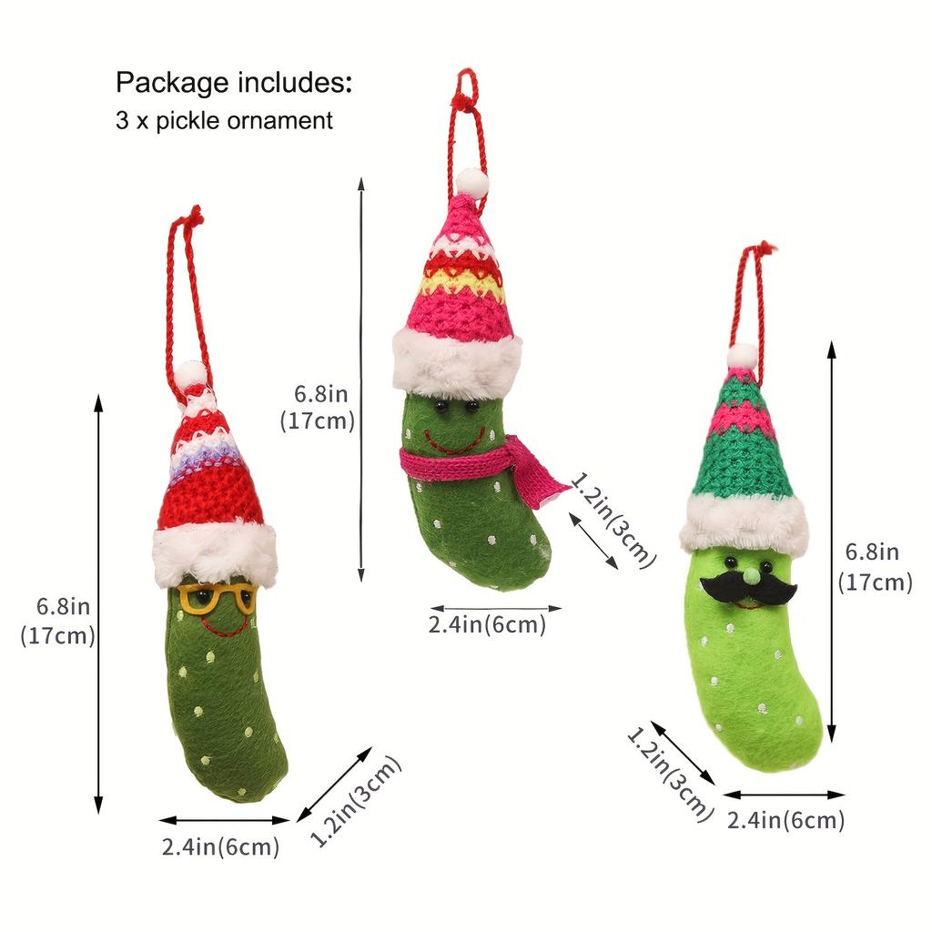3pcs Christmas Pickle Ornaments with Santa Hats Festive Tree Decorations, No Power Needed, Featherless Fabric Home Party Decor