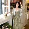 2023 новые женские модные комплекты с принтом, платье с зелеными цветами, сексуальный женский костюм, элегантная женская одежда с длинными рукавами
