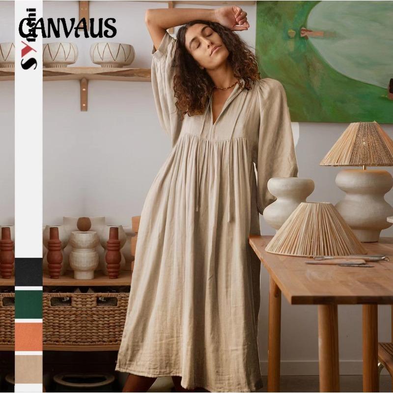 Autumn Women's Dress Big Size Loose Long Sleeve Lantern Sleeve Casual Vintage Solid Color Long Dress