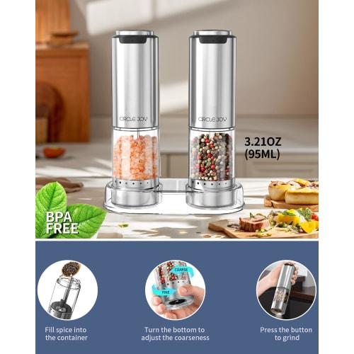 CIRCLE JOY Electric Pepper Mill, Stainless Steel, External Thickness Adjustment, 95ml Container, Storage Base, White LED Light, Set of 2, Silver