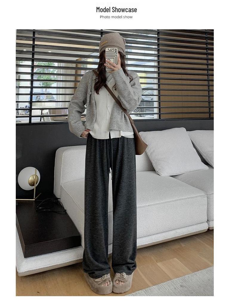 Женские темно-серые мягкие широкие брюки из клейкого риса - Весна/Осень Плюс бархат Теплые Повседневные Маленькие Длинные брюки.