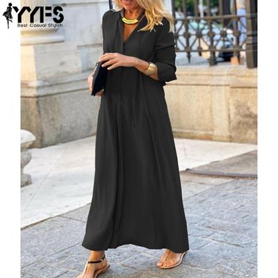 Женская мода весна осень однотонный принт длинный рукав V-образный вырез свободная талия повседневные платья