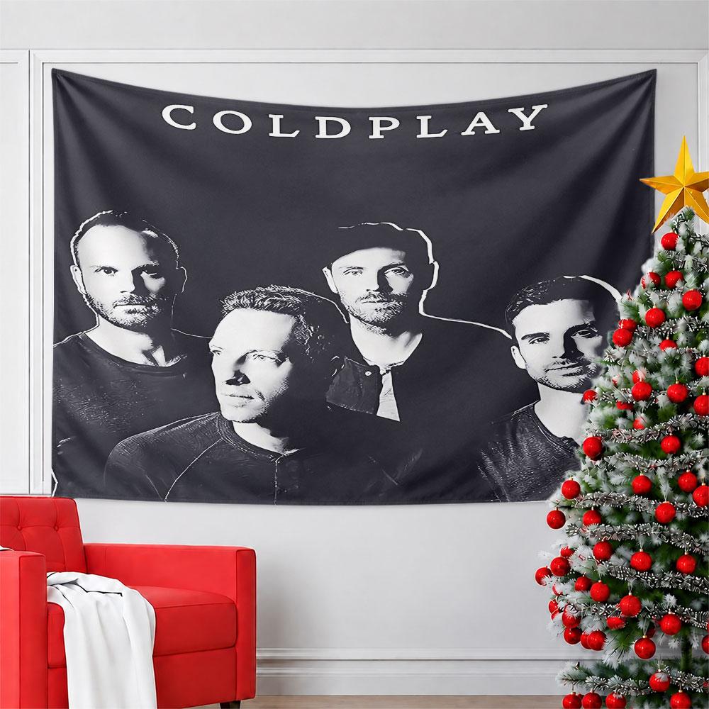 A stylized illustration of four individuals with "COLDPLAY" above them. Patterned tapestry for bedroom and living room home decor