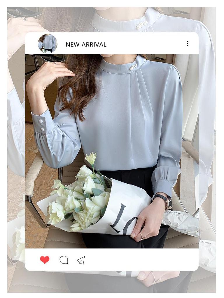 Women's Satin Chiffon Shirt - Stylish Long Sleeve with Beaded Detailing, 2023 Spring Design.