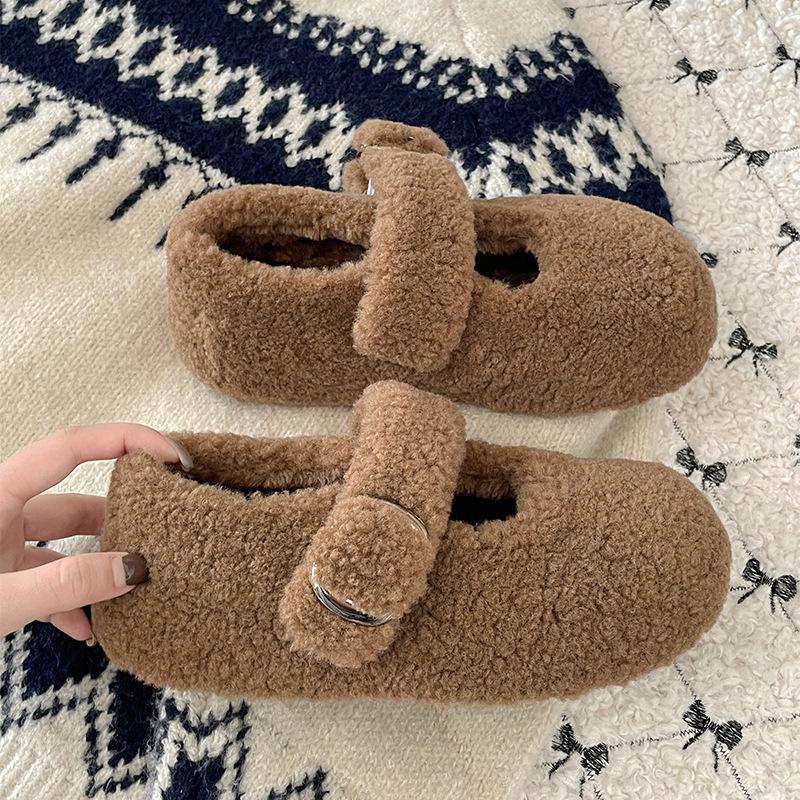 Модные темпераментные белые маленькие ароматные ветряные бархатные пушистые туфли на плоской подошве женские 2025 новые зимние теплые хлопковые туфли Мэри Джейн