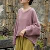 Women Vintage Bat Sleeve T-Shirts Solid Color V-Neck Spring Loose Soft Chinese Style Women T-Shirts