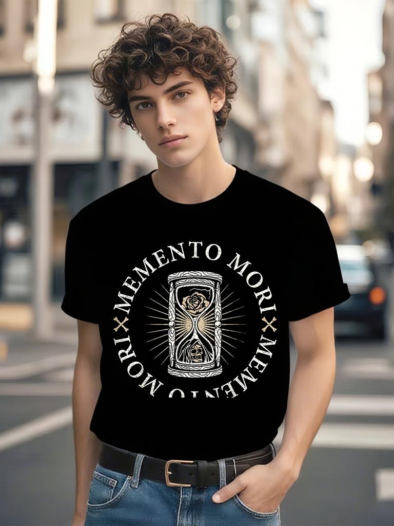 Memento Mori Death Timer Graphic T-shirt - Latin Motif & Skull Design