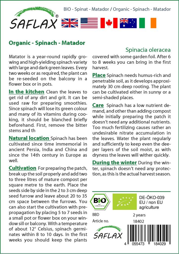 SAFLAX Garden in the Bag - Органический - Шпинат - Матадор - 300 семян - С субстратом в подходящем пакете - Spinacia oleracea
