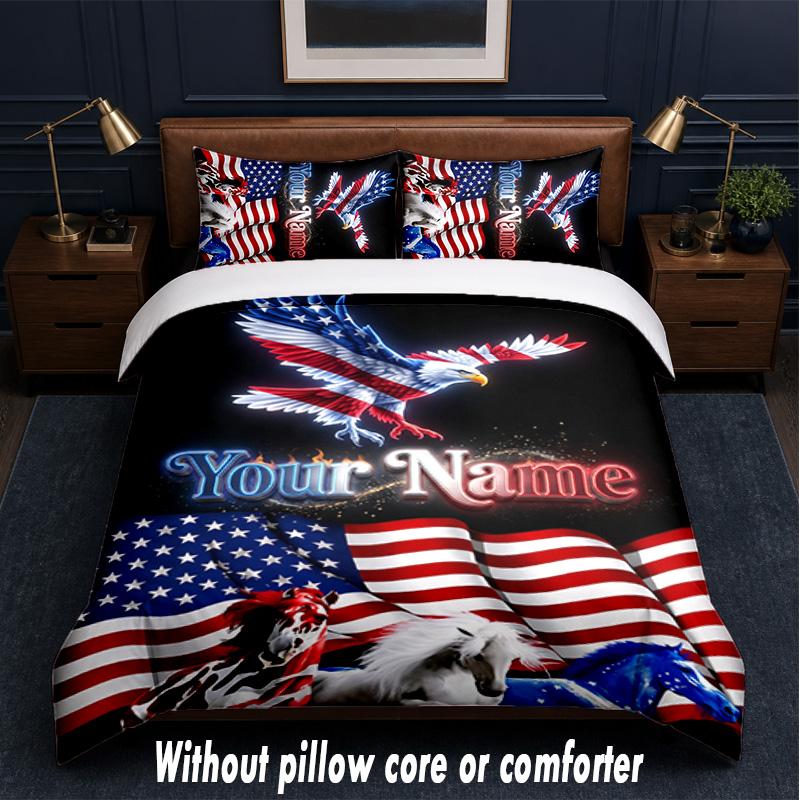 American Patriotic Theme Custom Text Or Name 3Pcs Bedding Set,1 Flat Sheet & 2 Pillowcases Personalized Home Bedding