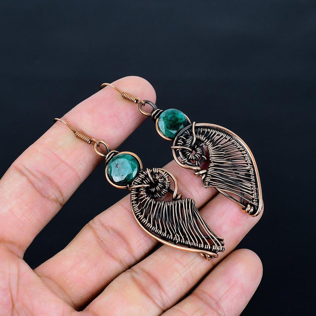 Emerald 999 Copper Wire Wrapped Earrings, Handmade Gemstone Earrings, Gift For Mom Antique Jewelry