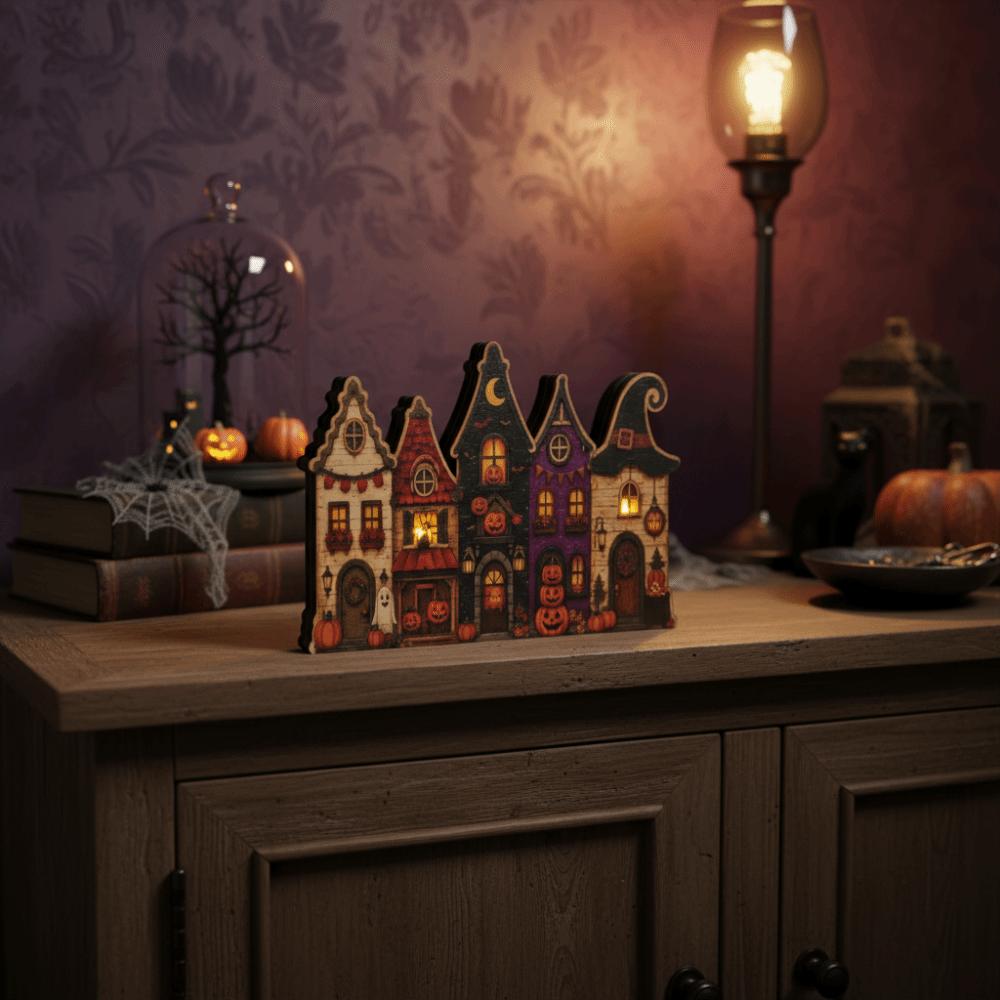 Wooden Halloween Village Decor Multi-layer Rustic Autumn Ornament Tiered Tray Display
