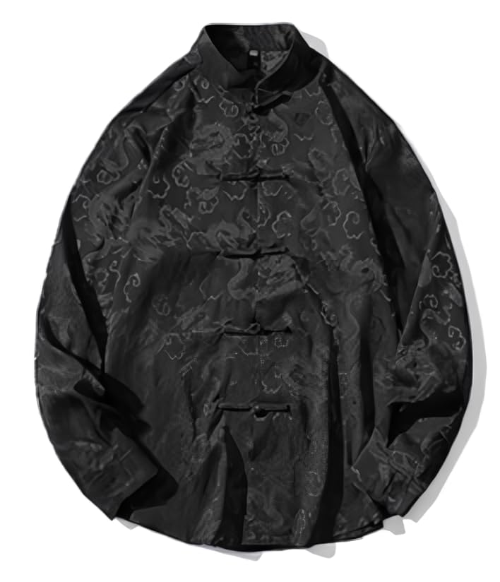 RomelCheo Dragon Print Cheongsam Kung Fu Oversized Chinese Chinese Button Mao Long Black Shirt, Hanfu, Men's Shirt, Tee, Unisex, Monochrome, Clothing,