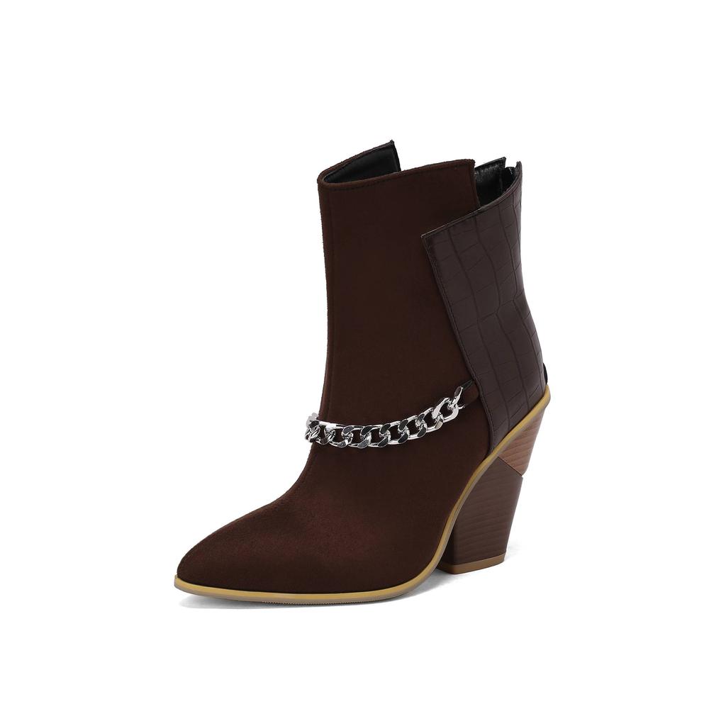 Krazing Pot Polyurethane Autumn Winter Shoes 47 Size 48 Super Size Wedges Pointed Toe Metal Chains Mid-calf Boots