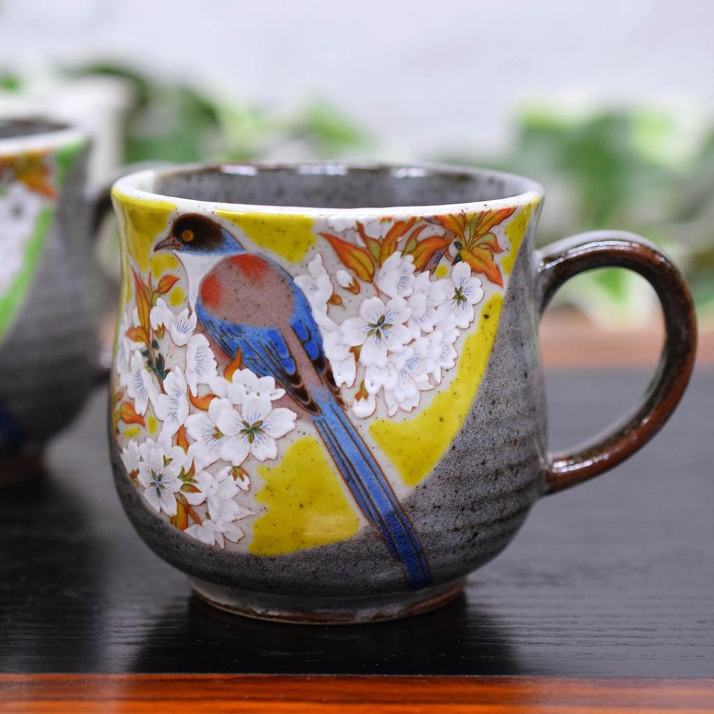 Waza no Kura Стильный набор пар кружек Kutani Ware Цветы дикой вишни и птицы Керамика Роскошная брендовая посуда Сделано в Японии