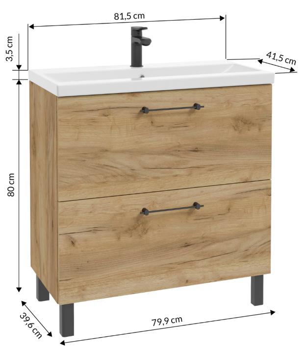 Bathroom cabinet with washbasin, tap and siphon 80x80cm, standing, Oak Craft Cassandra