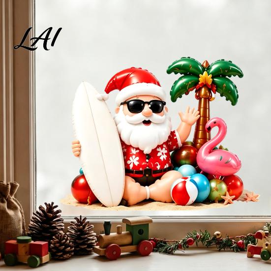 Beach Style Static Stickers Tropical Christmas Window Stickers Santa Claus Flamingo Palm Tree Surfing Board Party Supplies Decals Waterproof