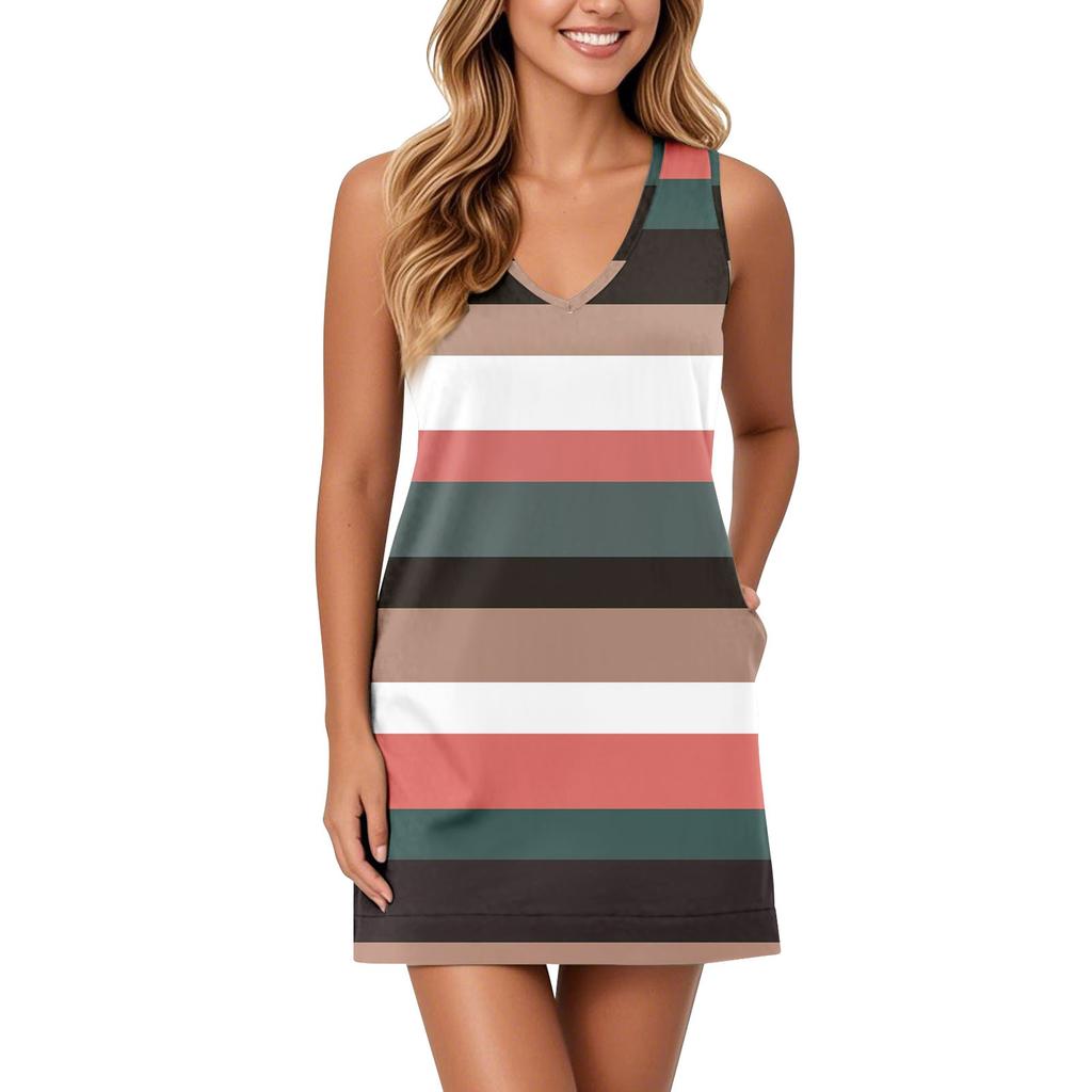 Женский сарафан с V-образным вырезом, без рукавов, повседневное платье с геометрическим принтом и карманами