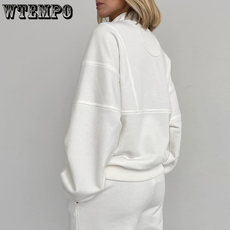 Однотонные свободные комплекты из двух предметов с воротником на половину молнии, женские повседневные одинаковые комплекты, осенне-зимние пуловеры и костюм с широкими брюками