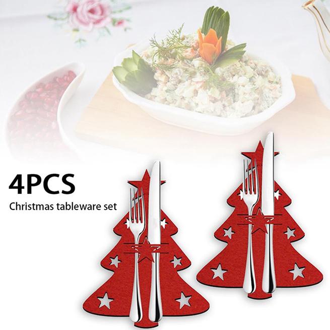 4pcs/1set Christmas Tree Cutlery Set Christmas Tree Cutlery Set Cutlery Bag