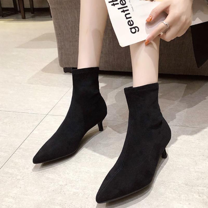 Women's Ankle Boots Elegant With Medium Heels Short Shoes For Woman Elastic Footwear Suede Sock Booties Stylish Y2k Pu Hot