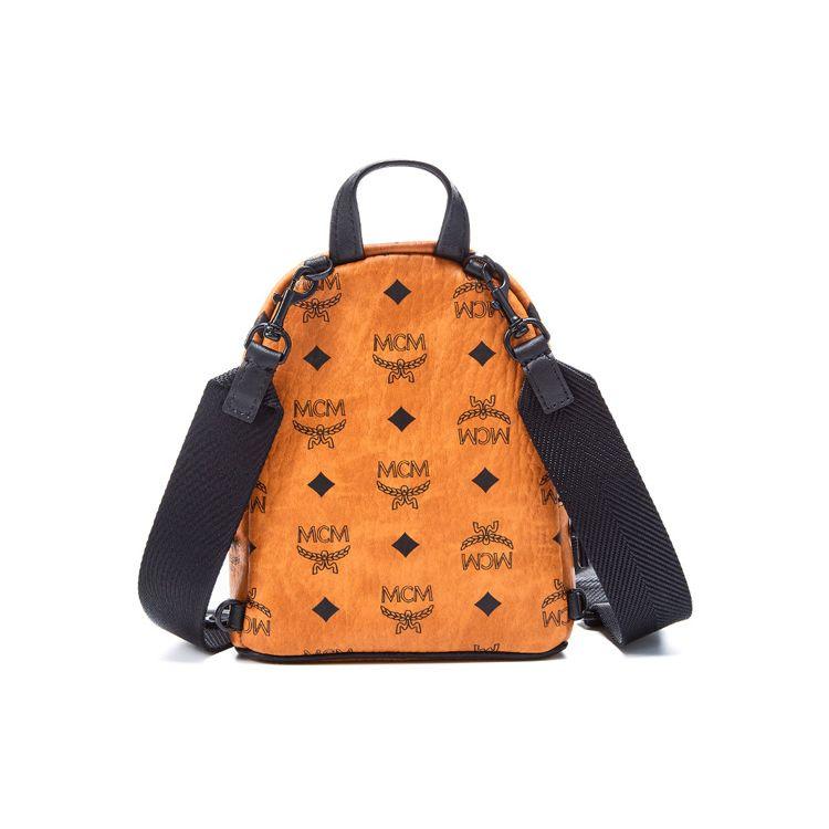 MCM Cognac Visetos Monogram Mini Backpack with Black Contrast Trim & Webbing Straps for Daily & Street Style Use