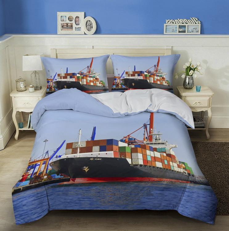 3D Ship Duvet Cover Set King Queen Size Large Freighter Container Print Bedding Set Blue Sea 2/3pcs Polyester Comforter Cover