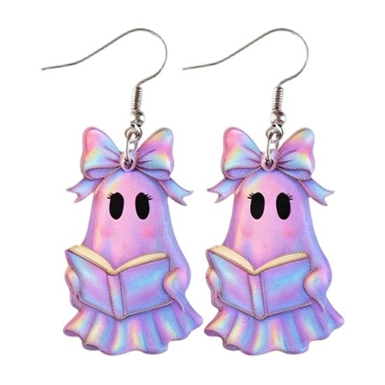 Lightweight Earrings for Women 1 Pair Acrylic Halloween Earrings, Cute Pink Ghost Dangle Curved Hook Drop Holiday Costume Jewelry Allergy-free