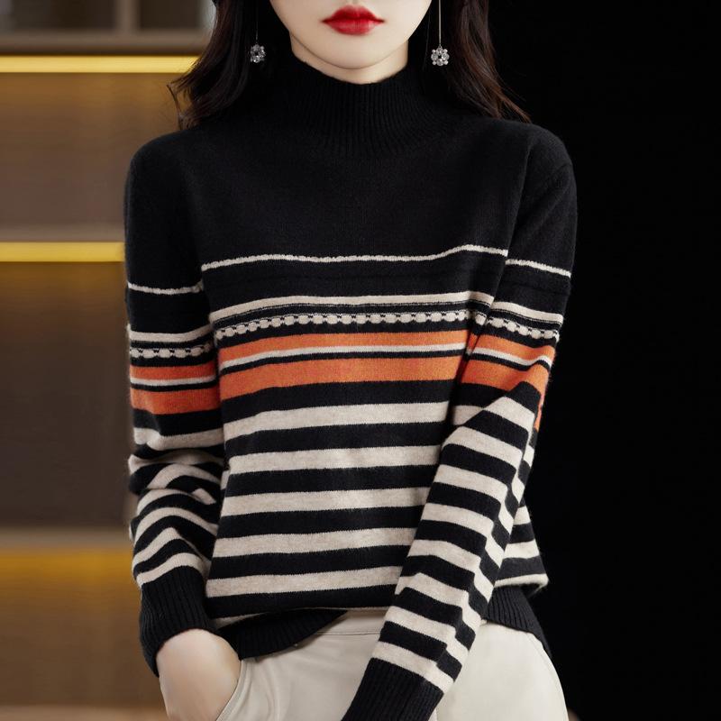 Женская мода, повседневный полосатый принт, осенне-зимние свитера с длинным рукавом и половиной водолазки