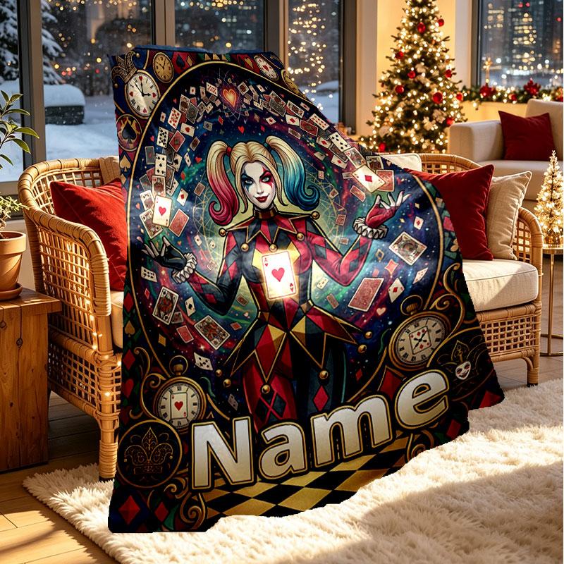 Custom Name Personalized Harley Quinn Print Blanket, Home Decor, Bedroom, Sofa, Camping, Couch, Gifts for Birthday Christmas