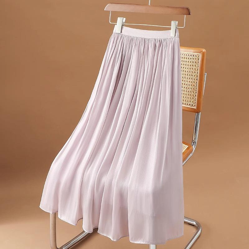 Dimanaf 2025 Summer Women New Skirts Solid Elastic Waist Pleated Mesh Elegant Skirts