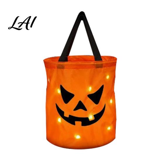 Glowing LED Trick or Treat Pail Pumpkin Candy Bag with Lights Reusable Halloween Costume Prop for Kids Tote Kids Handbag Party Favors Container